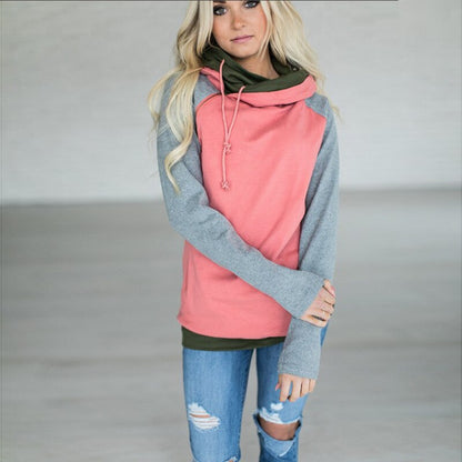 Casual Women's Patchwork Striped Pullover Warm Long Sleeve Hoodie Sweater Tops With Pockets Double Hood Hooded Sweatshirt