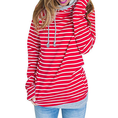 Casual Women's Patchwork Striped Pullover Warm Long Sleeve Hoodie Sweater Tops With Pockets Double Hood Hooded Sweatshirt