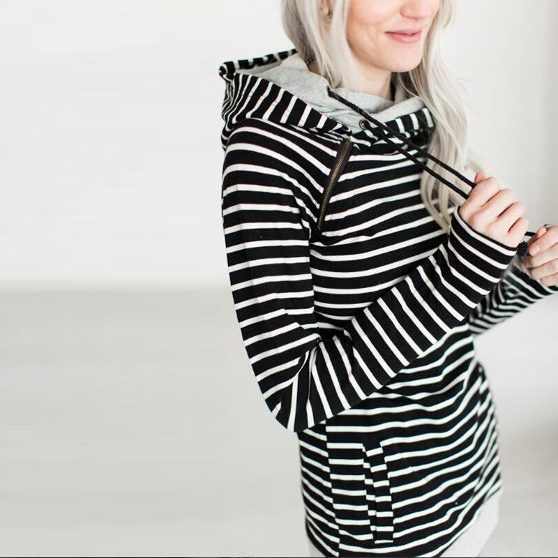 Casual Women's Patchwork Striped Pullover Warm Long Sleeve Hoodie Sweater Tops With Pockets Double Hood Hooded Sweatshirt