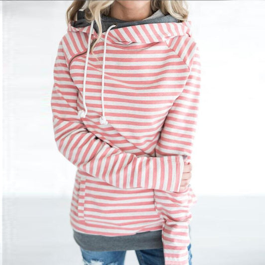Casual Women's Patchwork Striped Pullover Warm Long Sleeve Hoodie Sweater Tops With Pockets Double Hood Hooded Sweatshirt