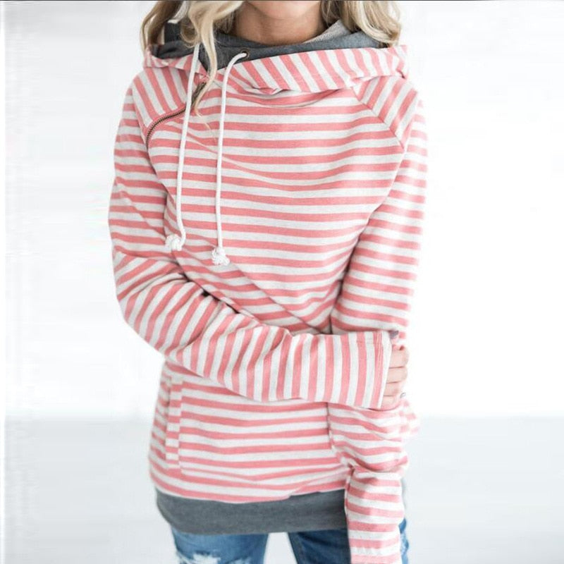 Casual Women's Patchwork Striped Pullover Warm Long Sleeve Hoodie Sweater Tops With Pockets Double Hood Hooded Sweatshirt