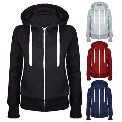 New Casual Women Solid Color Long Sleeve Hoodie Winter Warm Zipper Hooded Sweater