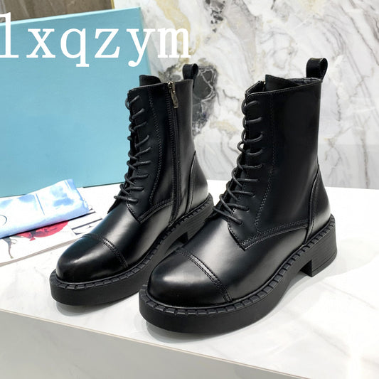 New Classic Lace-up Martin Boots For Woman Real Leather Ankle Boots Winter Luxury Brand Design Low Heel Black Short Botas Mujer