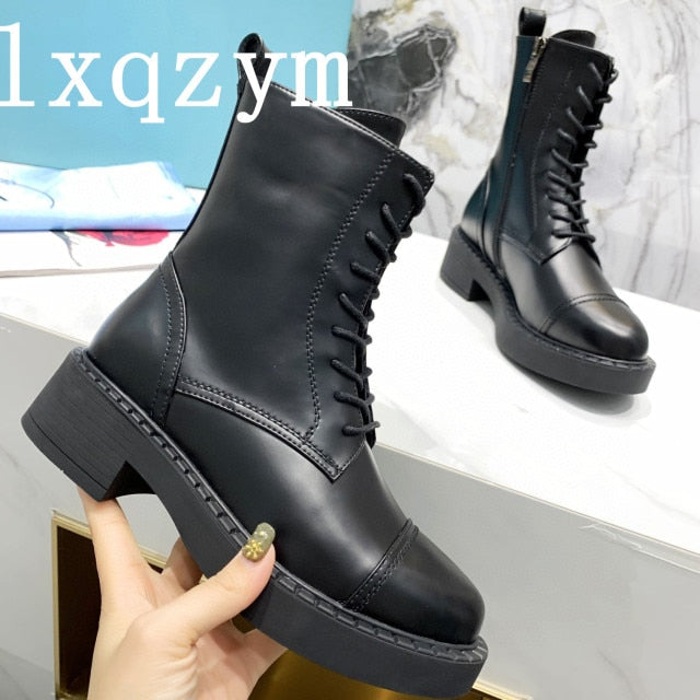 New Classic Lace-up Martin Boots For Woman Real Leather Ankle Boots Winter Luxury Brand Design Low Heel Black Short Botas Mujer