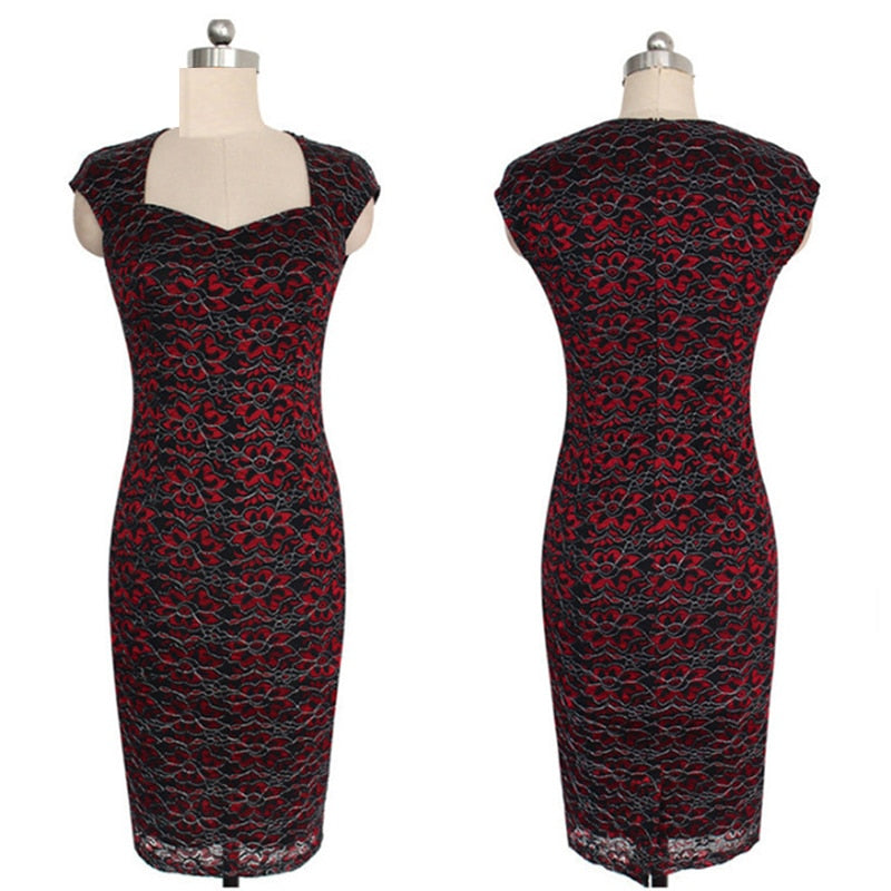 New Elegant Ladies Party Dress Slim Sheath Bodycon Printed Lace Dress For Women Knee Length Pencil Dresses Plus Size 3XL