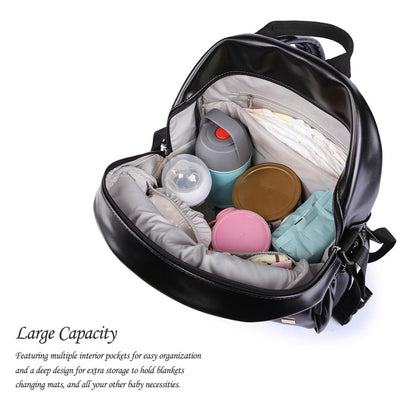 PU Black Diaper Backpack for Baby Large Capacity Waterproof Pockets Diaper Bag for Mother Travel Stroller Bag