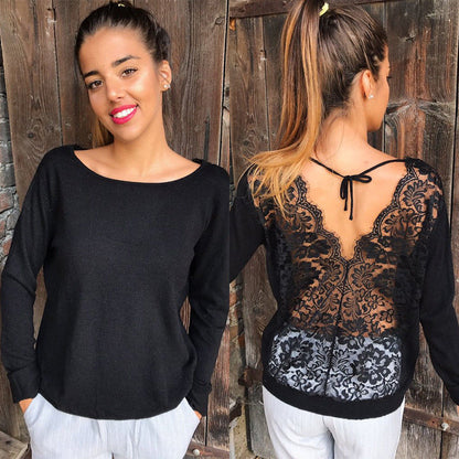 Backless Lace Sheer Long Sleeve Embroidery Floral Lace Crochet Tee Shirt Tops Women's Blouse
