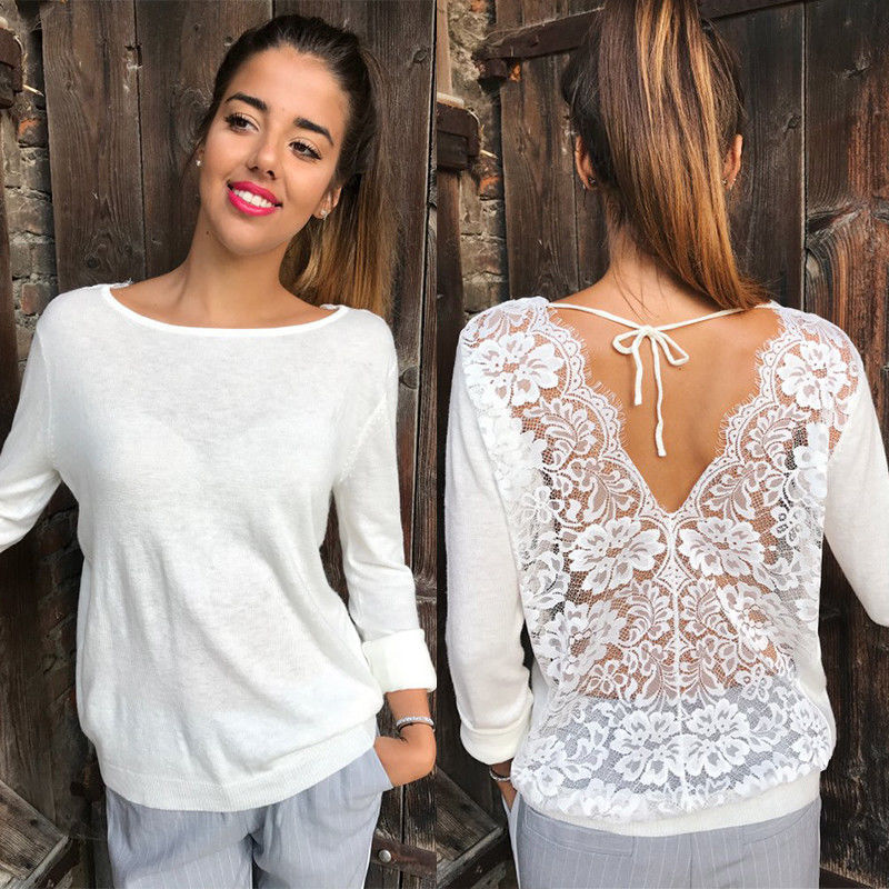 Backless Lace Sheer Long Sleeve Embroidery Floral Lace Crochet Tee Shirt Tops Women's Blouse