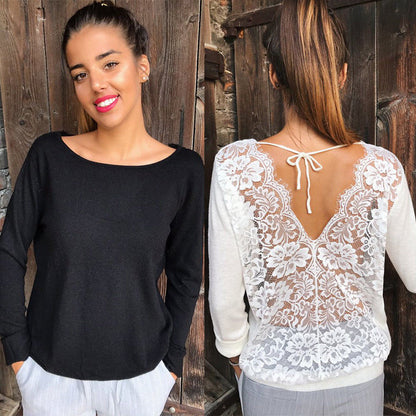 Backless Lace Sheer Long Sleeve Embroidery Floral Lace Crochet Tee Shirt Tops Women's Blouse