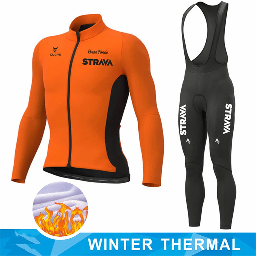 New STRAVA Winter Thermal Fleece Set Cycling Clothes Men's Jersey Suit Sport Riding Bike MTB Clothing Bib Pants Warm Sets Ropa