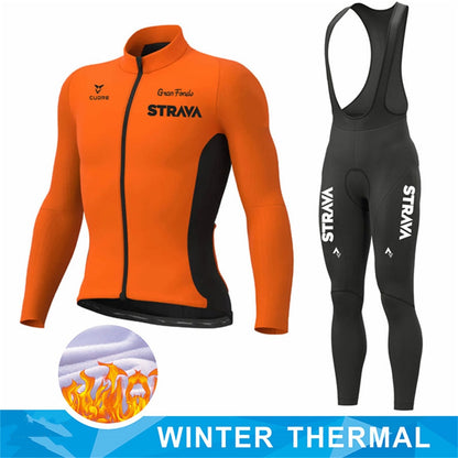 New STRAVA Winter Thermal Fleece Set Cycling Clothes Men's Jersey Suit Sport Riding Bike MTB Clothing Bib Pants Warm Sets Ropa