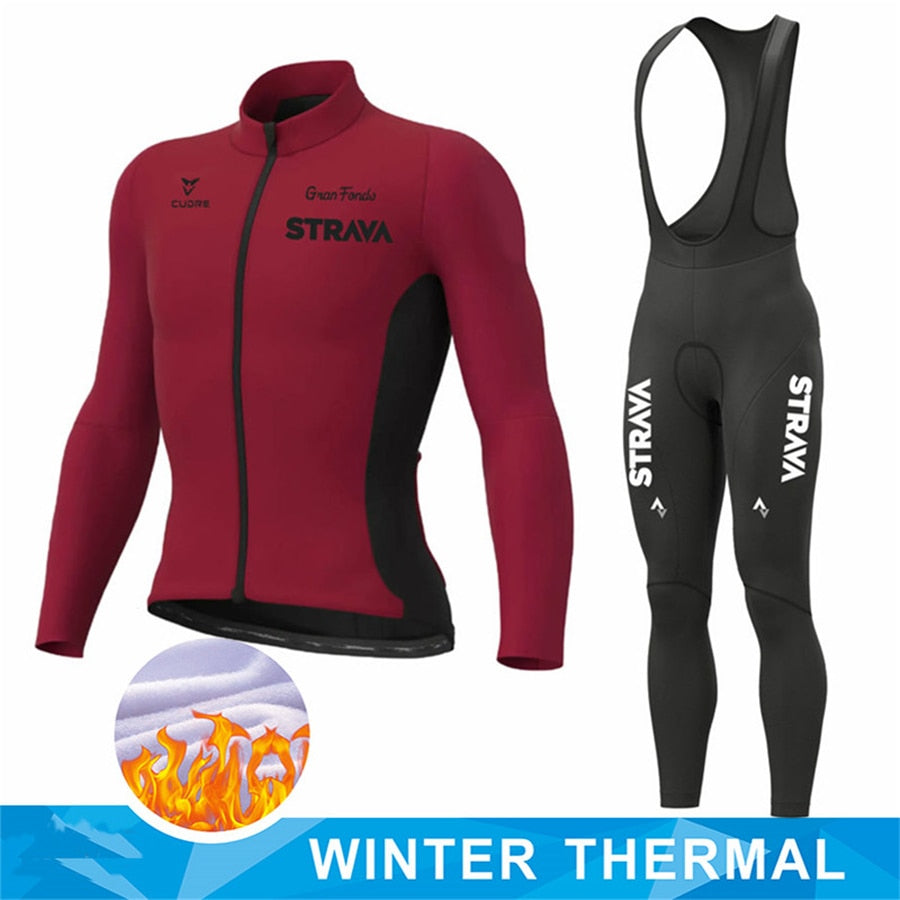 New STRAVA Winter Thermal Fleece Set Cycling Clothes Men's Jersey Suit Sport Riding Bike MTB Clothing Bib Pants Warm Sets Ropa