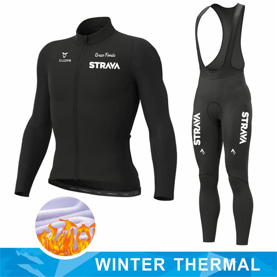New STRAVA Winter Thermal Fleece Set Cycling Clothes Men's Jersey Suit Sport Riding Bike MTB Clothing Bib Pants Warm Sets Ropa