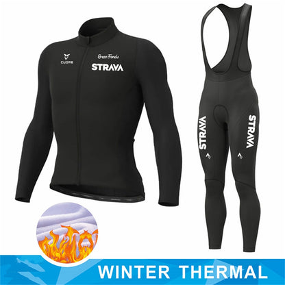 New STRAVA Winter Thermal Fleece Set Cycling Clothes Men's Jersey Suit Sport Riding Bike MTB Clothing Bib Pants Warm Sets Ropa