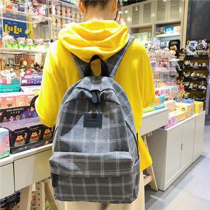 Women's Backpack Plaid Canvas Teenager Travel Rucksack Large Capacity Multifunctional Bag Casual Schoolbag
