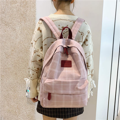 Women's Backpack Plaid Canvas Teenager Travel Rucksack Large Capacity Multifunctional Bag Casual Schoolbag