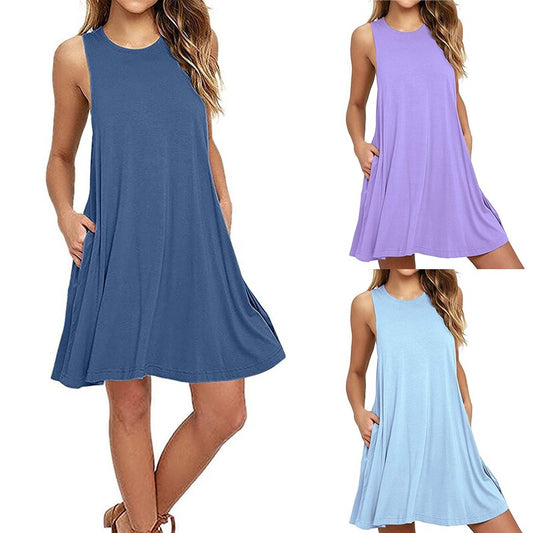 New Summer Women Ladies Vest Dress Crew Neck Sleeveless Solid Color Big Hem Pockets One Piece Suit Plus Size Female Party Casual
