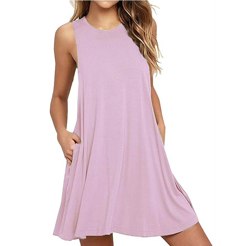 New Summer Women Ladies Vest Dress Crew Neck Sleeveless Solid Color Big Hem Pockets One Piece Suit Plus Size Female Party Casual