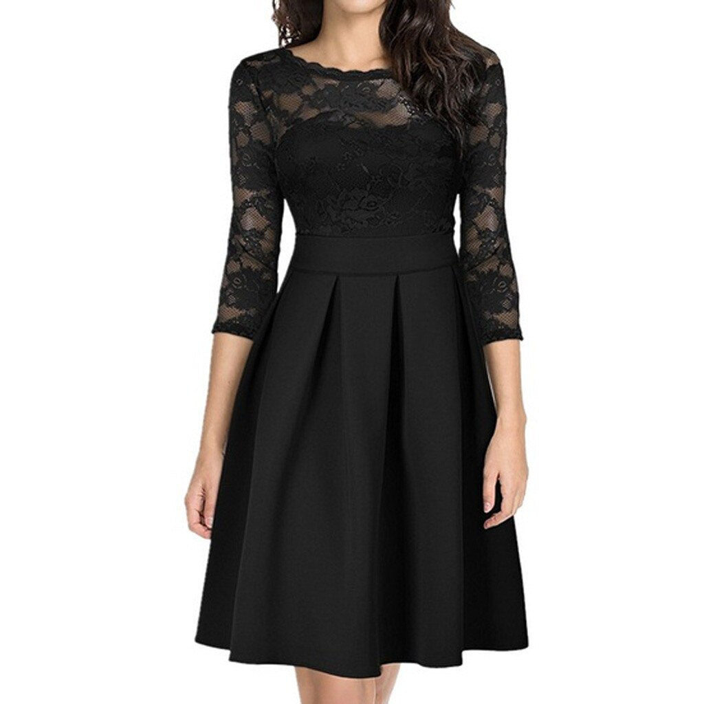 New Women Lace Hollow Out Three Quarter Patchwork Summer Dress Female Fashion Formal Casual Large Size Dress vestidos de verano mujeres
