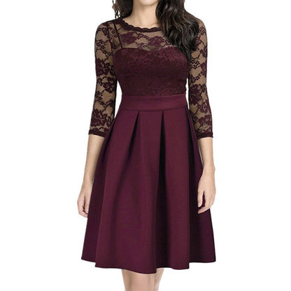New Women Lace Hollow Out Three Quarter Patchwork Summer Dress Female Fashion Formal Casual Large Size Dress vestidos de verano mujeres