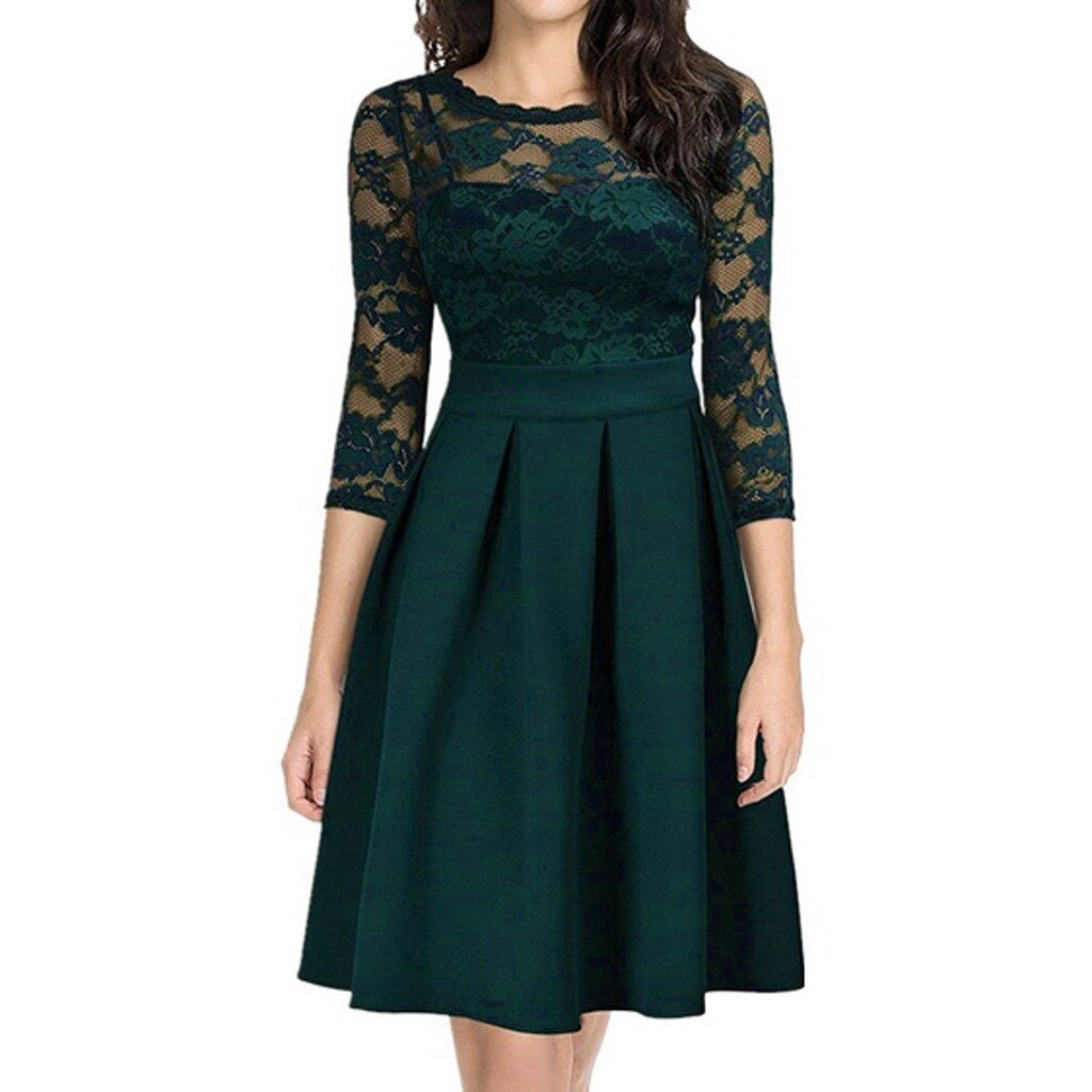 New Women Lace Hollow Out Three Quarter Patchwork Summer Dress Female Fashion Formal Casual Large Size Dress vestidos de verano mujeres