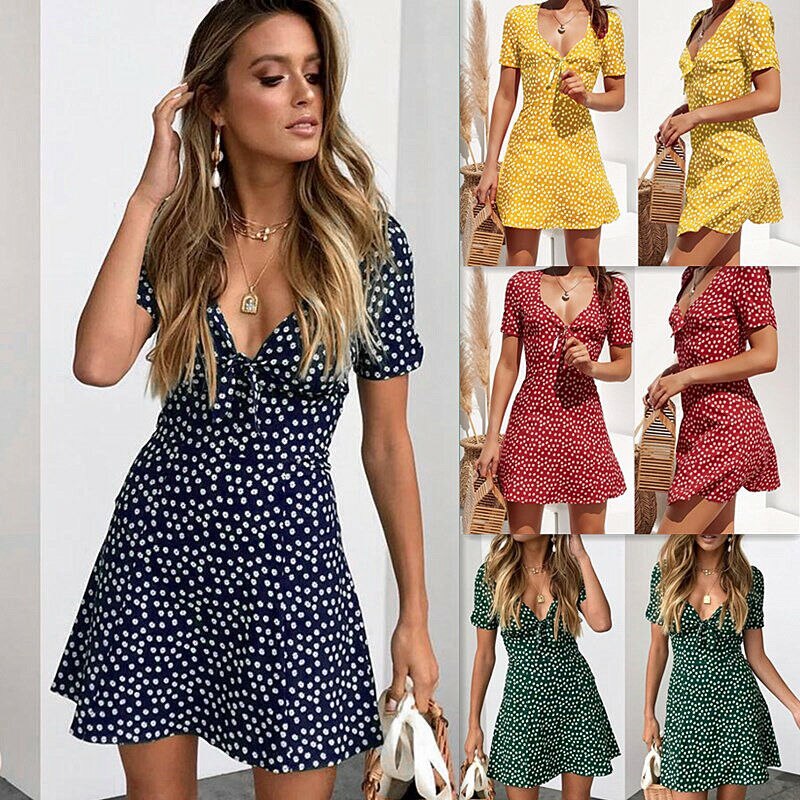 New Women Summer Casual Short Sleeve Floral Boho Dress Party Evening Beach V neck Dress Fashion Sexy Mini Dresses