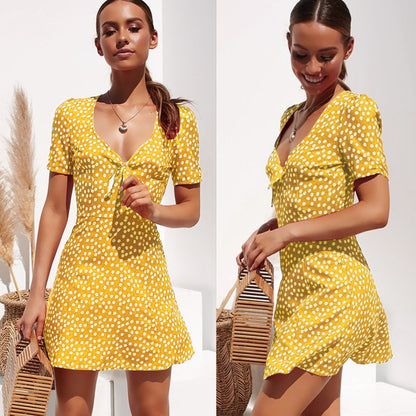 New Women Summer Casual Short Sleeve Floral Boho Dress Party Evening Beach V neck Dress Fashion Sexy Mini Dresses