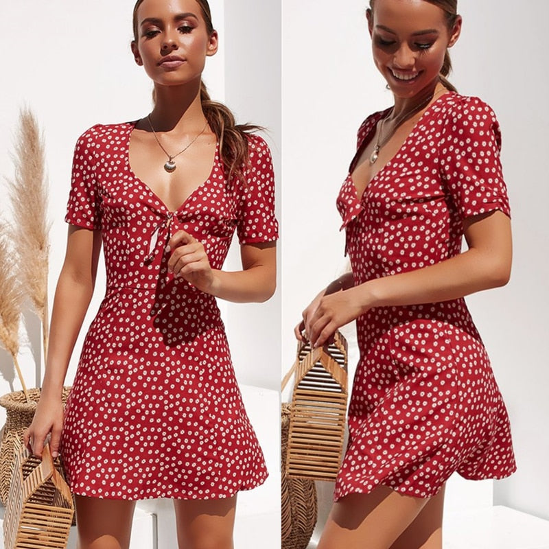 New Women Summer Casual Short Sleeve Floral Boho Dress Party Evening Beach V neck Dress Fashion Sexy Mini Dresses