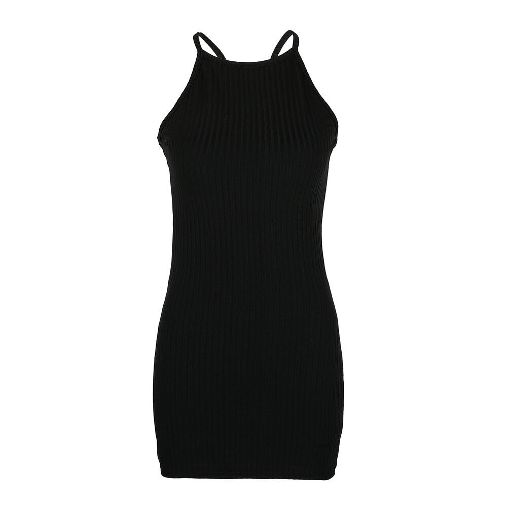 Women's Summer Sleeveless Tank Slim Mini Dress Short Knitted Bodycon Sundress Orange Black #Y