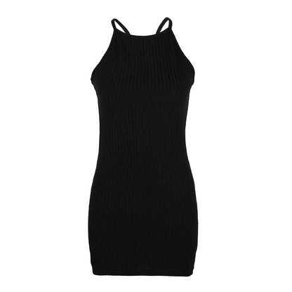 Women's Summer Sleeveless Tank Slim Mini Dress Short Knitted Bodycon Sundress Orange Black #Y