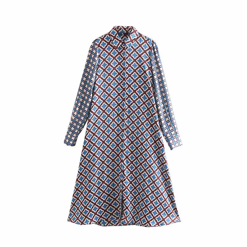 Women vintage patchwork printing casual slim midi Dress autumn ladies long sleeve chic vestidos buttons party Dresses DS2959