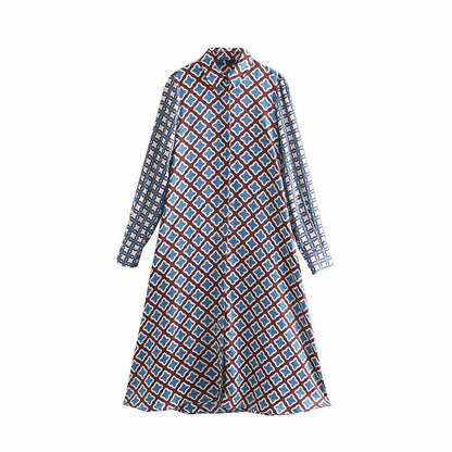 Women vintage patchwork printing casual slim midi Dress autumn ladies long sleeve chic vestidos buttons party Dresses DS2959