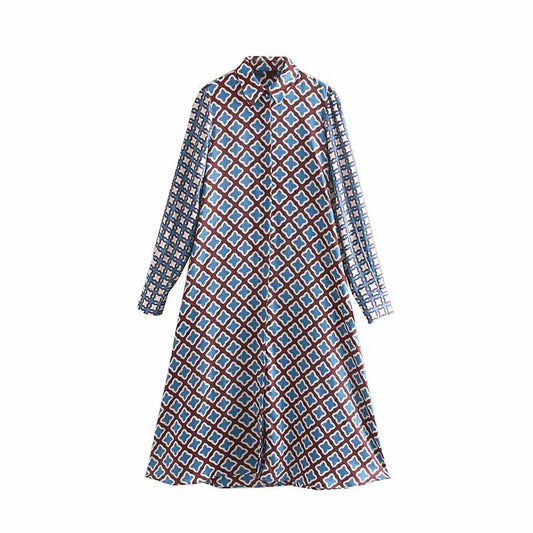 Women vintage patchwork printing casual slim midi Dress autumn ladies long sleeve chic vestidos buttons party Dresses DS2959