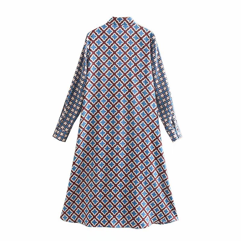 Women vintage patchwork printing casual slim midi Dress autumn ladies long sleeve chic vestidos buttons party Dresses DS2959