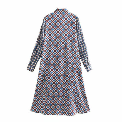 Women vintage patchwork printing casual slim midi Dress autumn ladies long sleeve chic vestidos buttons party Dresses DS2959