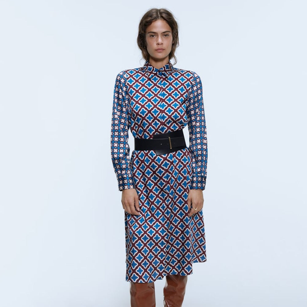 New ZA Chic Print Multicolor Long Dress Women Turn Down Collar Long Sleeve A Line Design Charm Temperament Autumn Style Dress