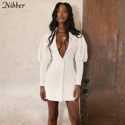 Nibber autumn office lady V neck Thicken mini dress 2019 Elegant white Long Sleeved street Casual party Slim bodycon dress Mujer