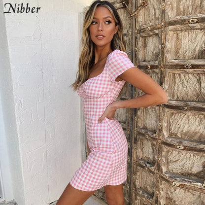 Nibber Women's Elegant Retro Plaid Pattern Mini Dress 2019 autumn office ladies Harajuku pink wild Slim Casual short dresses mujer
