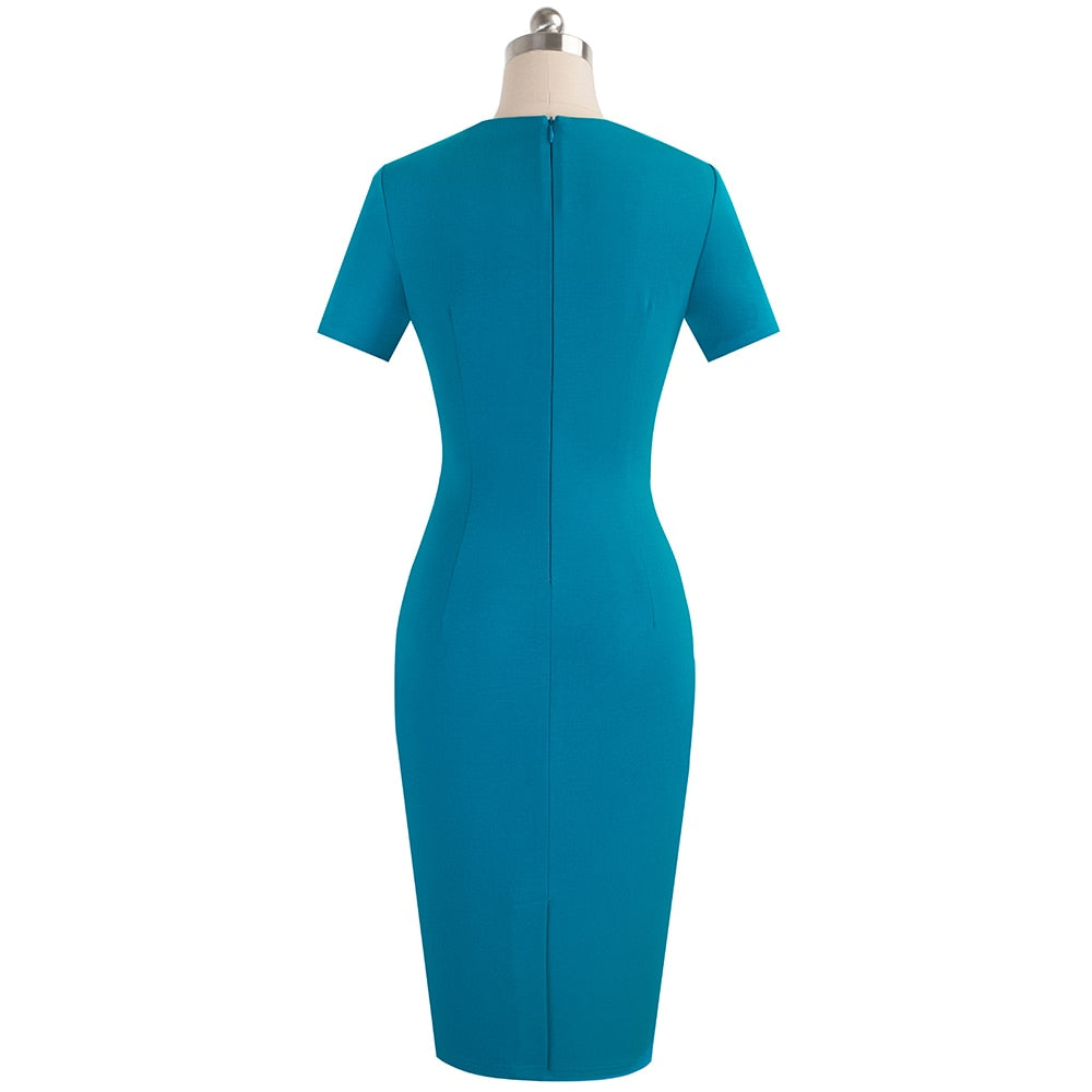 Nice-Forever Elegant Contrast Color Patchwork with Ring Work vestidos Office Business Party Bodycon Sheath Women Dress B539