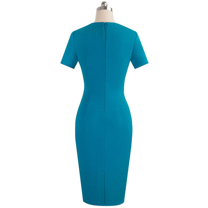 Nice-Forever Elegant Contrast Color Patchwork with Ring Work vestidos Office Business Party Bodycon Sheath Women Dress B539