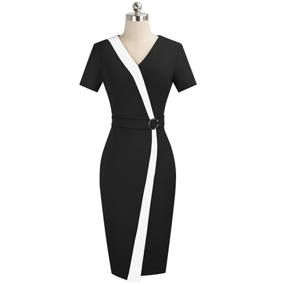 Nice-Forever Elegant Contrast Color Patchwork with Ring Work vestidos Office Business Party Bodycon Sheath Women Dress B539