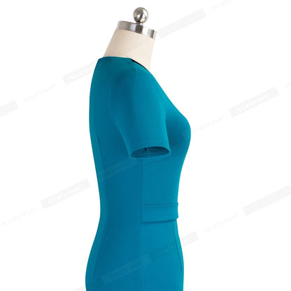 Nice-Forever Elegant Contrast Color Patchwork with Ring Work vestidos Office Business Party Bodycon Sheath Women Dress B539