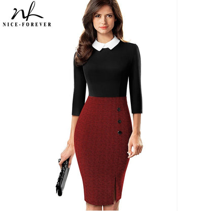 Nice-forever Elegant Contrast Color Patchwork Office Work Dress Suit Business Party Women Bodycon Dress B568