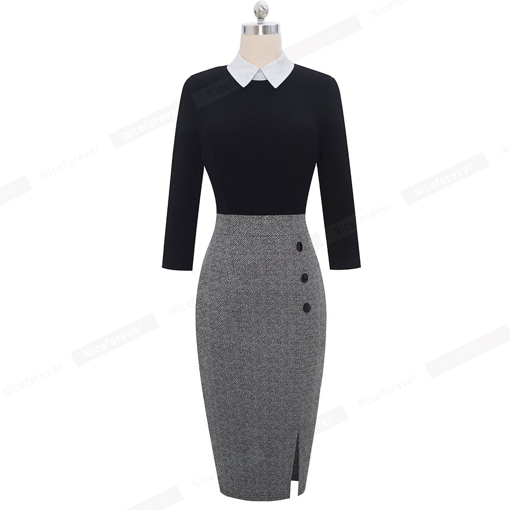 Nice-forever Elegant Contrast Color Patchwork Office Work Dress Suit Business Party Women Bodycon Dress B568