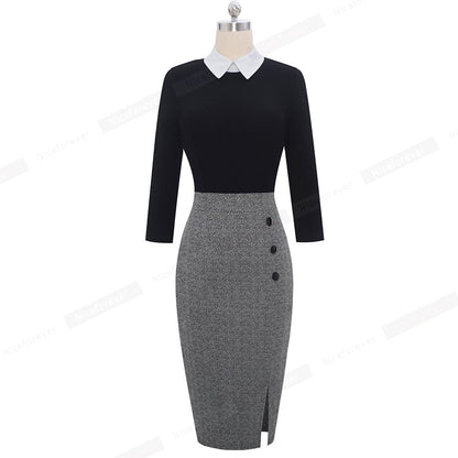 Nice-forever Elegant Contrast Color Patchwork Office Work Dress Suit Business Party Women Bodycon Dress B568