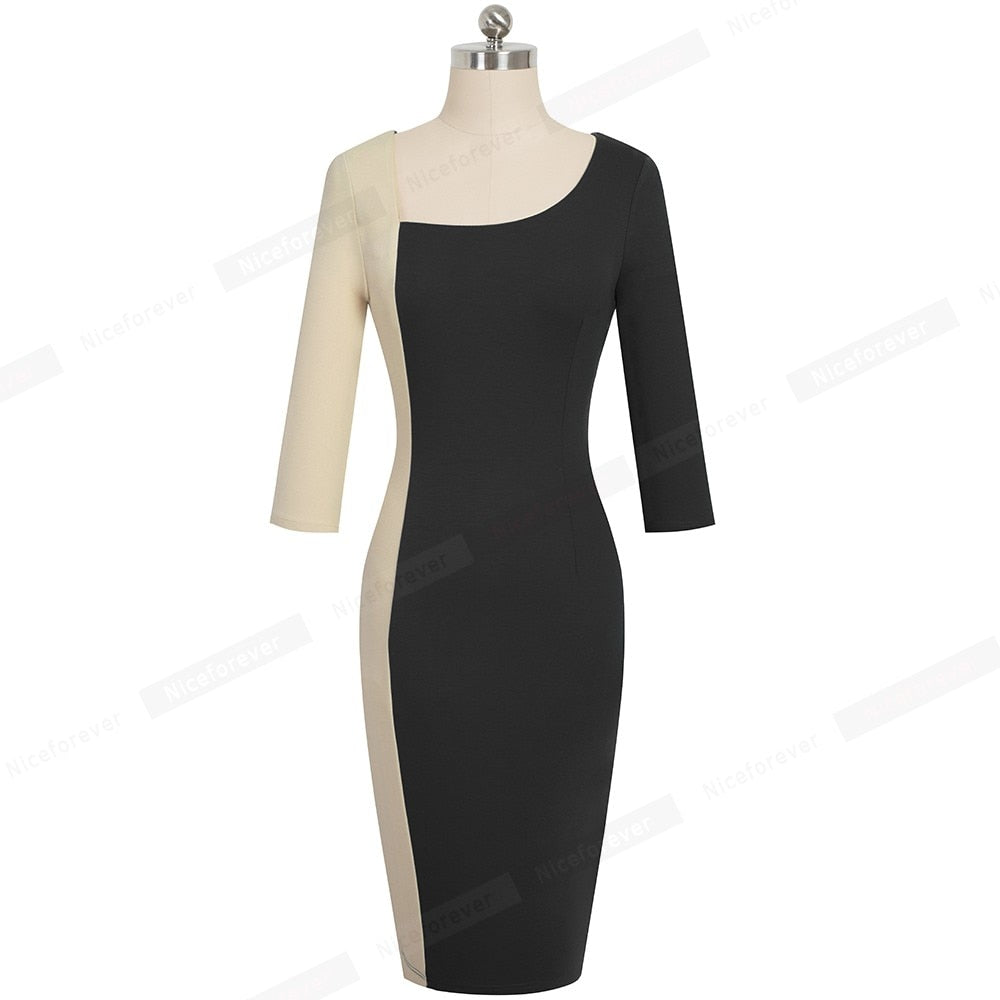 Nice forever Elegant Women's Contrast Color Patchwork Office Dress Business Party Bodycon Sheath Women Dress B546