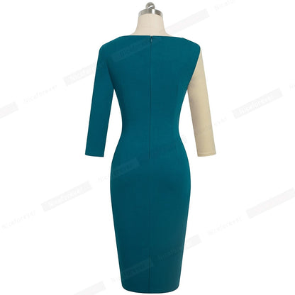 Nice forever Elegant Women's Contrast Color Patchwork Office Dress Business Party Bodycon Sheath Women Dress B546