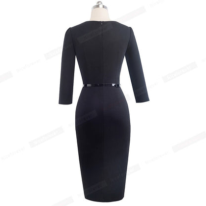 Nice forever Elegant Contrast Color Patchwork Dress vestidos Business Party Bodycon Sheath Slim Autumn Women Dress B549