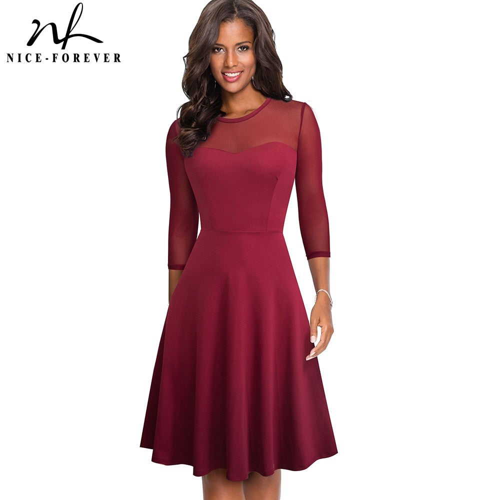 Nice-forever Elegant Sexy Mesh Lace Patchwork vestidos Business Party Swing Flare Women Autumn Dress A170