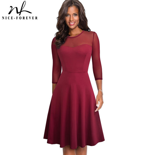 Nice-forever Elegant Sexy Mesh Lace Patchwork vestidos Business Party Swing Flare Women Autumn Dress A170
